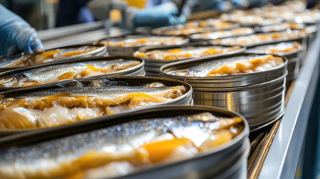 A detailed view of a production line where fresh fish fillets are packed into metal cans. The image showcases the canning process in a clean and efficient factory environment.の素材