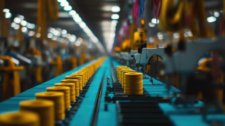 A vibrant industrial sewing factory showcasing machinery, bright spools of thread, and efficient workflow in a modern textile production environment.の素材