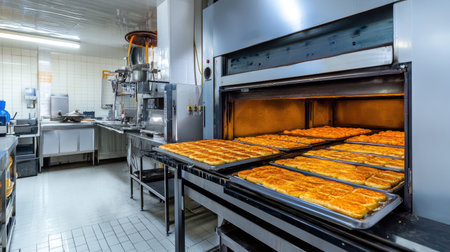 A vibrant bakery kitchen showcasing fresh pastries baking in an oven, highlighting the delicious aroma and inviting atmosphere of food production.の素材