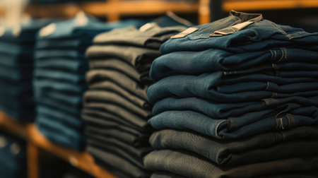This image showcases neatly stacked denim jeans in a retail store, highlighting the quality of the fabric and organized display. Perfect for fashion-related projects.の素材