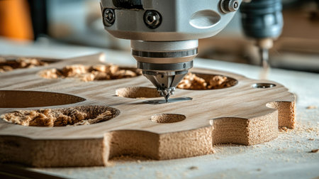 A high-precision woodworking machine meticulously cuts intricate designs into a wooden surface, showcasing skilled craftsmanship in a workshop setting.の素材