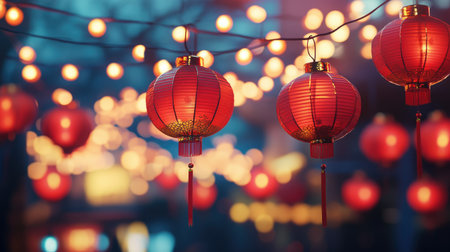 A stunning display of red lanterns hanging in the night, creating a vibrant and festive atmosphere. The warm glow and beautiful bokeh add charm and elegance to any celebration.の素材