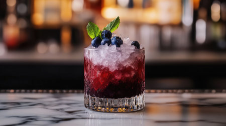 An enticing berry cocktail served in a stylish glass, filled with crushed ice and garnished with fresh mint, perfect for summer gatherings and bar scenes.の素材