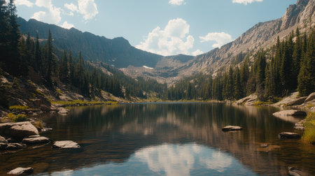 A breathtaking view of a serene mountain lake surrounded by lush trees and rocky shores. The calm water reflects the stunning landscape and vibrant sky.の素材