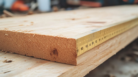 Captivating close-up of a wooden plank and a measuring tape, highlighting the precision in woodworking. Ideal for projects focused on craftsmanship.の素材