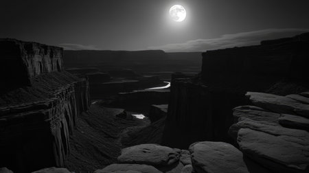 A stunning black and white view of a canyon illuminated by a full moon. The river meanders through the rugged terrain, creating a serene atmosphere.の素材