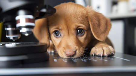 A cute puppy gazes curiously at scientific equipment in a laboratory. This charming scene highlights the intersection of innocence and exploration in a delightful workspace.の素材