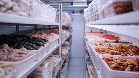 Explore a well-organized refrigerated storage room filled with a diverse range of fresh seafood options, showcasing the importance of proper food storage and quality.の素材