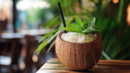 A refreshing coconut drink served in a natural coconut shell, garnished with fresh mint leaves and ice, perfect for summer relaxation in a tropical setting.の素材