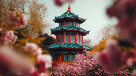 A stunning Chinese pavilion stands majestically amid vibrant cherry blossoms, creating a tranquil scene that captures the beauty of springtime. Perfect for travel and nature themes.の素材