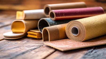 A vibrant selection of sandpaper rolls and sheets arranged on a rustic wooden table. Ideal for various DIY projects, crafting, and woodworking tasks.の素材