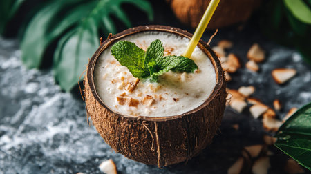 A delicious coconut drink topped with mint leaves and nut pieces, perfect for hot days. Ideal for summer gatherings or health-focused menus, this tropical beverage inspires relaxation and refreshment.の素材