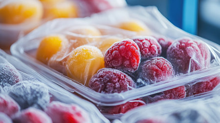 Bright and colorful frozen fruits showcased in clear plastic packaging. Ideal for healthy snacks, these raspberries and mangoes offer fresh flavors and nutrition.の素材