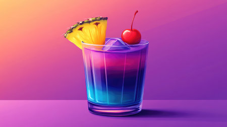 A vibrant cocktail served in a clear glass, garnished with a slice of pineapple and a cherry, set against a colorful gradient background. Perfect for summer parties!の素材