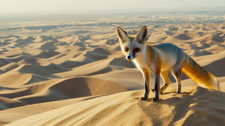 A solitary desert fox stands gracefully on a sand dune, capturing the essence of wildlife in a serene desert landscape at sunset.の素材
