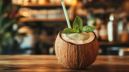 Enjoy a refreshing coconut drink garnished with mint, served in a natural coconut shell. Perfect for summer vibes and tropical settings.の素材