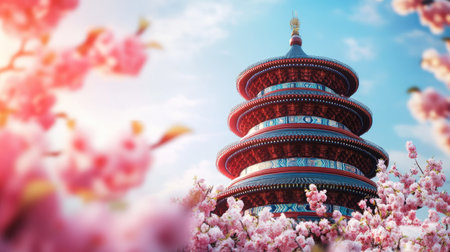 A stunning temple framed by blooming pink flowers captures the essence of spring. This image evokes tranquility and cultural beauty, perfect for travel enthusiasts.の素材