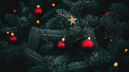 Vibrant close-up of a beautifully decorated Christmas tree with shiny red ornaments and a golden star, creating a warm and festive atmosphere during the holiday season.の素材