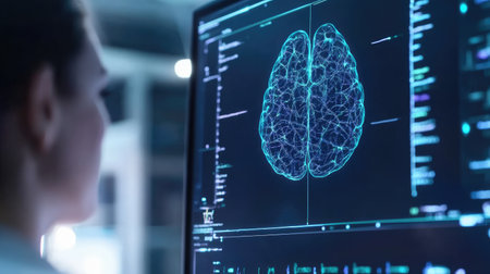 A researcher focuses on a digital display showcasing a visual representation of brain data in a modern laboratory environment filled with technology and innovation.の素材
