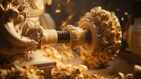 Close-up view of a wood turning process showcasing the intricate details of carved patterns. The scene captures the elegance of woodworking with shavings flying in a well-lit workshop, demonstrating skilled craftsmanship.の素材