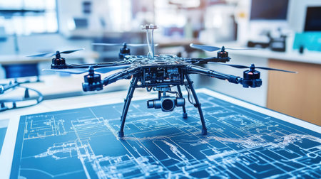 A high-tech drone sits on top of a blueprint in a modern office, showcasing innovation in design and engineering. Ideal for technology and industry themes.の素材