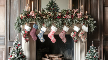 A beautifully decorated Christmas mantel featuring colorful stockings, lush greenery, and glowing candles, creating a warm and festive holiday atmosphere.の素材