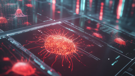 A captivating digital representation of red bacterial cells in a futuristic environment, showcasing the intersection of science, technology, and microbiology.の素材