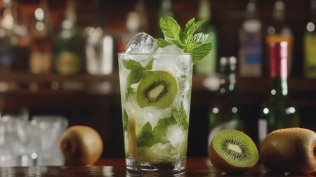 A vibrant kiwi mint cocktail made with fresh ingredients, served chilled over ice. Perfect for summer nights or cocktail parties, this image showcases refreshment and color.の素材
