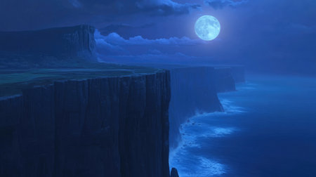 A captivating moonlit landscape showcases towering cliffs against a deep blue sky. The gentle waves create a tranquil scene that evokes a sense of serenity and calmness.の素材