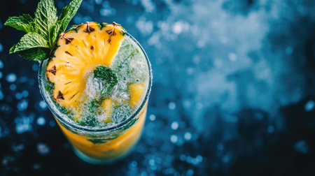 Enjoy a vibrant pineapple mojito, featuring fresh mint and sparkling water. This refreshing drink is perfect for summer gatherings and tropical occasions.の素材