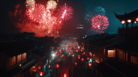 Experience a dazzling display of fireworks lighting up the night sky over traditional streets adorned with glowing lanterns, creating a festive atmosphere.の素材