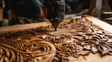 This image captures the intricate process of wood carving in a workshop, showcasing a craftsman using an electric tool to create detailed designs on wood.の素材