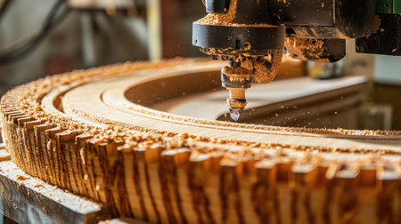 A close-up view of a CNC router in a woodworking shop, showcasing the precision and craftsmanship involved in shaping wooden materials into intricate circular designs, surrounded by sawdust and wood shavings.の素材