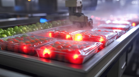 A high-tech food packaging line showcases automated machinery processing strawberries and green apples with bright lights, ensuring freshness and quality.の素材