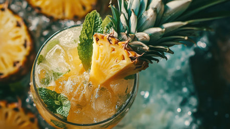 This vibrant tropical cocktail features fresh pineapple and mint garnish on ice. Perfect for summer parties or outdoor gatherings, it offers a refreshing experience.の素材