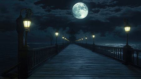 A captivating night scene showcasing a wooden pier illuminated by lanterns under a full moon. Calm ocean waters reflect the serene beauty, inviting tranquility.の素材