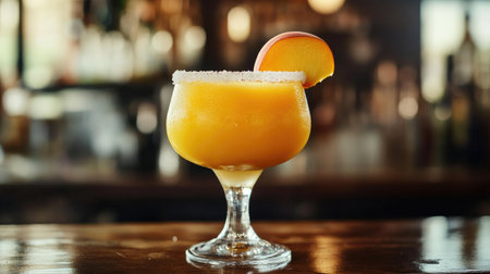 A refreshing peach margarita served in an elegant glass with a salted rim. Perfect for summer gatherings or relaxing at the bar, this vibrant cocktail captures the essence of enjoyment and flavor.の素材