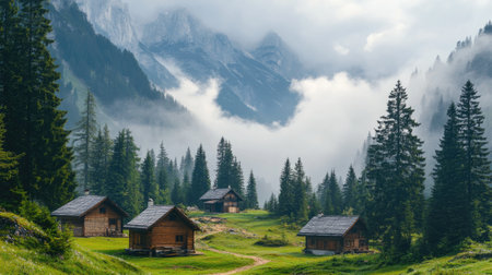 Discover a serene mountain landscape featuring rustic cabins surrounded by lush greenery and mysterious fog. Perfect for nature lovers and travelers.の素材
