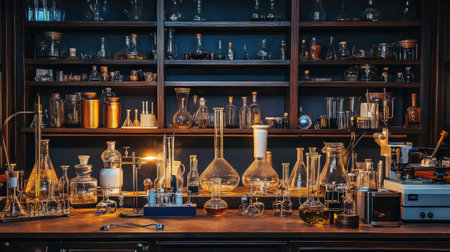 This vintage laboratory scene showcases an array of glassware and equipment, arranged meticulously on wooden shelves. The setup reflects a scientific environment filled with various tools for experimentation and analysis.の素材