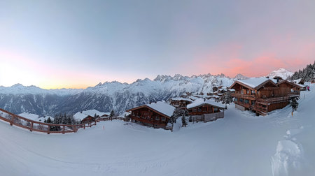 A breathtaking view of cozy wooden cabins nestled in a stunning snowy mountain landscape during dusk, showcasing tranquility and natural beauty.の素材