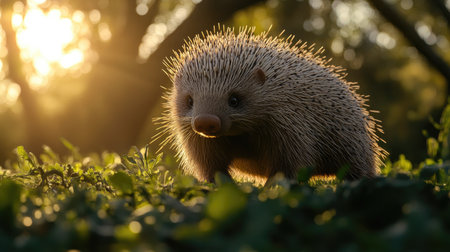 A charming close-up of a hedgehog in a sunlit forest clearing, showcasing its distinct spines and curious expression in the soft evening light.の素材