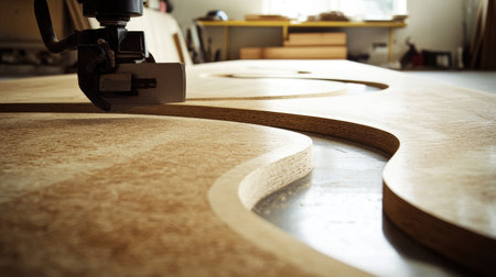 Close-up view of a precision tool cutting intricate curves in a wooden workpiece within a workshop, showcasing the artistry and craftsmanship in woodcraft.の素材