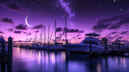 Captivating nighttime harbor scene featuring boats docked under a starry sky with a crescent moon. The vibrant purple hues create a tranquil atmosphere perfect for relaxation.の素材