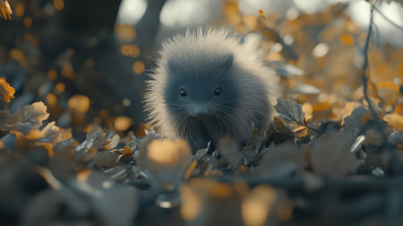 A charming small hedgehog explores a bed of autumn leaves in a serene outdoor setting. This adorable creature highlights the beauty of nature in fall.の素材