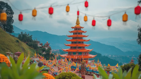 A stunning view of a vibrant pagoda adorned with colorful lanterns against a scenic mountainous backdrop, capturing the essence of cultural festivals.の素材