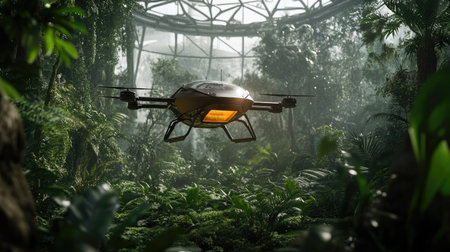 A sleek futuristic drone navigates through a vibrant tropical garden, showcasing the beauty of nature and advanced technology in harmony, ideal for technology or nature themes.の素材