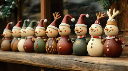 A charming display of colorful Christmas snowmen figurines, wearing festive Santa hats. Perfect for enhancing holiday decor and creating a joyful atmosphere.の素材