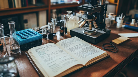 This image features an open notebook filled with handwritten notes alongside a microscope in a science laboratory, capturing the essence of academic research and discovery.の素材