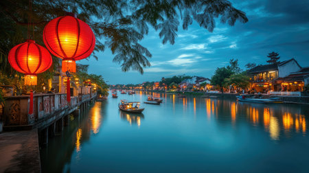This serene night scene features vibrant lanterns illuminating a tranquil river. Reflections dance on the water, creating a captivating atmosphere perfect for travel enthusiasts seeking cultural experiences.の素材