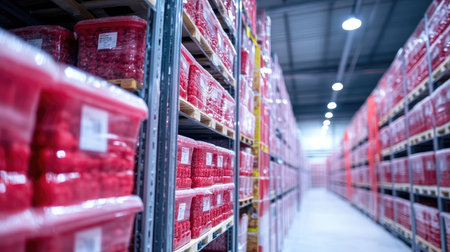 A spacious warehouse featuring neatly organized red storage bins on shelves, showcasing efficient inventory management within an industrial setting.の素材